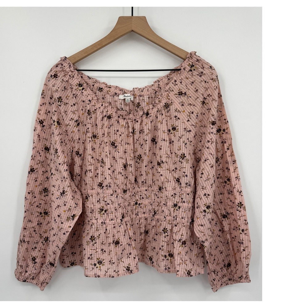 Madewell Shirt XXL Pink Floral Peplum Smocked Waist Long Sleeve Cotton NEW - Picture 1 of 8